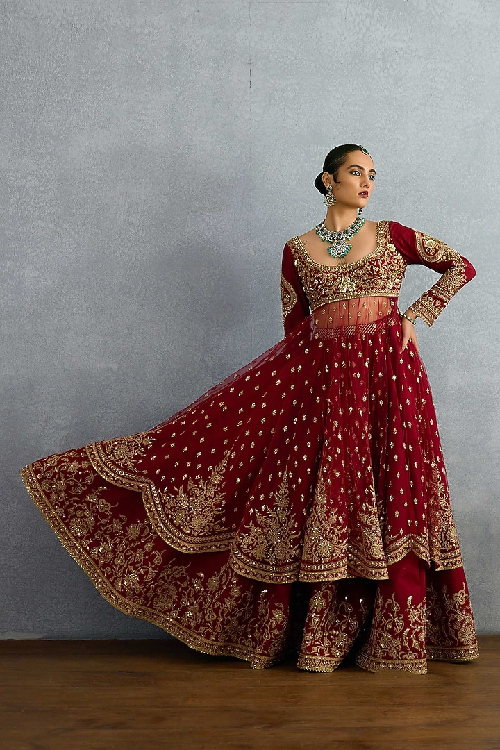 Red Jeni Silk Embroidered Bridal Anarkali Set by Torani at Pernia's Pop Up Shop