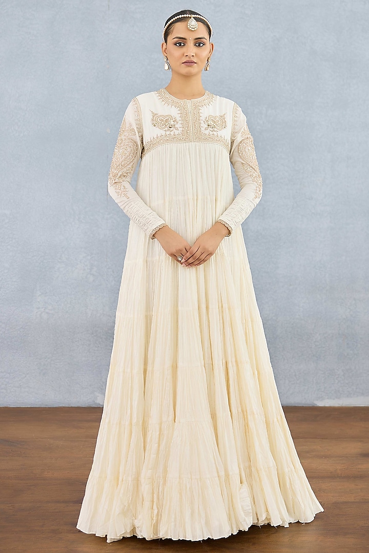 Ivory Muslin Silk Embroidered Wedding Anarkali by Torani at Pernia's Pop Up Shop
