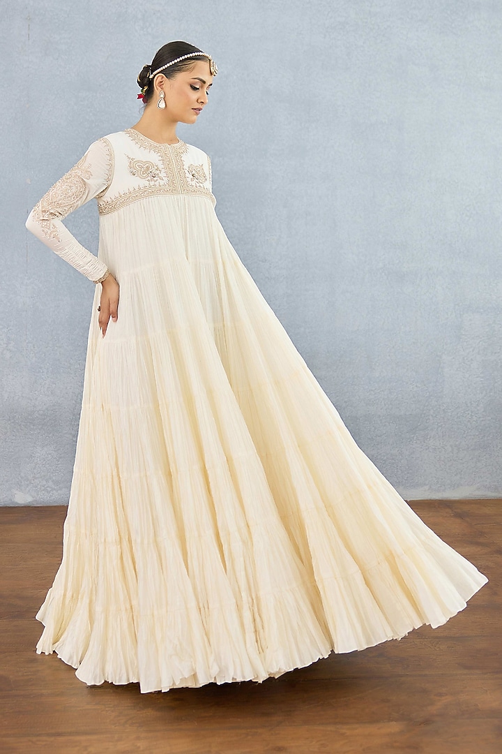 Ivory Muslin Silk Embroidered Wedding Anarkali by Torani at Pernia's Pop Up Shop