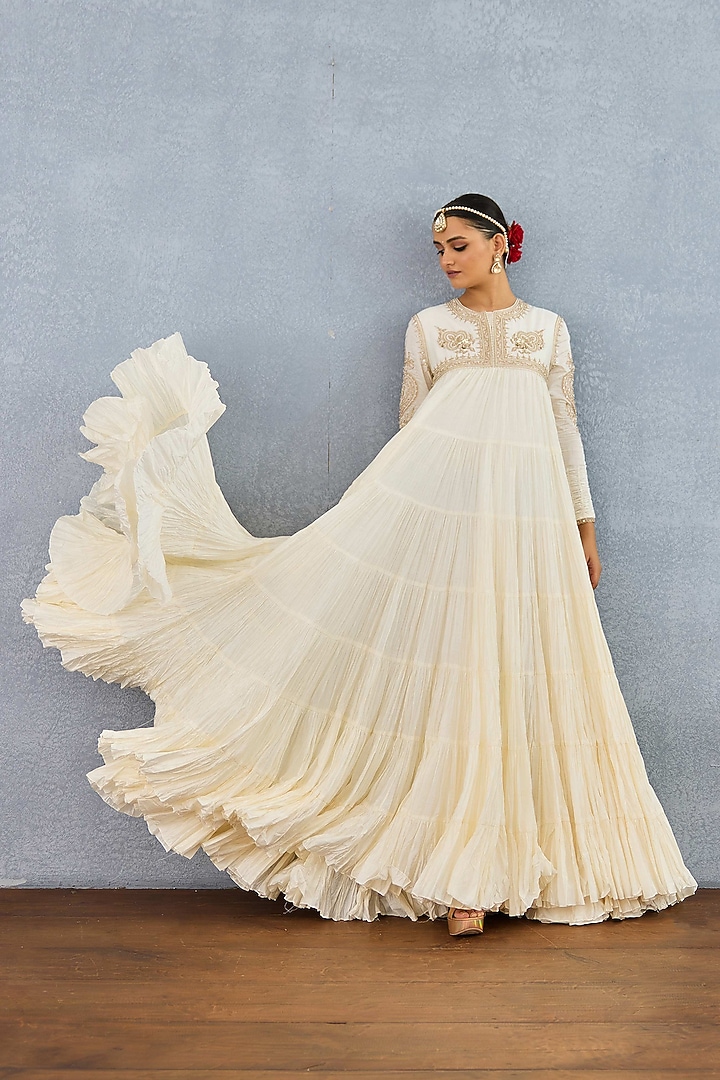 Ivory Muslin Silk Embroidered Wedding Anarkali by Torani at Pernia's Pop Up Shop