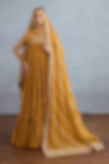 OChre Muslin Silk Embroidered Bridal Anarkali Set by Torani at Pernia's Pop Up Shop