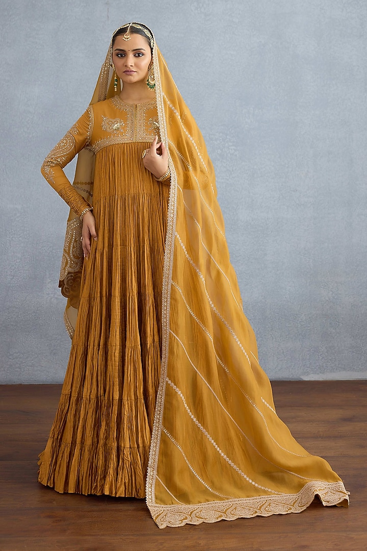 OChre Muslin Silk Embroidered Bridal Anarkali Set by Torani at Pernia's Pop Up Shop