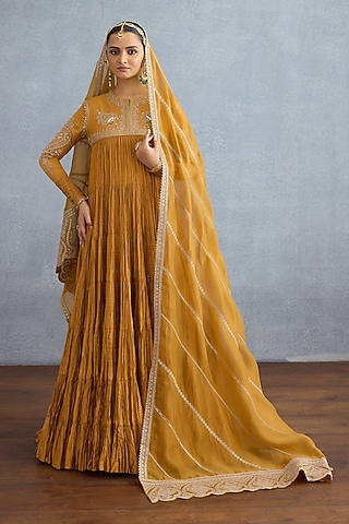 OChre Muslin Silk Embroidered Anarkali Set by Torani