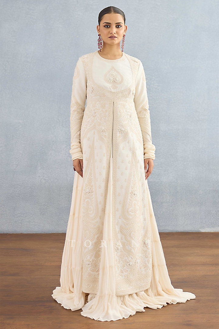 Ivory Muslin Silk Embroidered Jacket Party Wear Dress by Torani at Pernia's Pop Up Shop