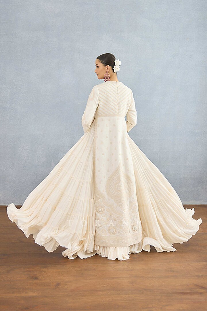 Ivory Muslin Silk Embroidered Jacket Party Wear Dress by Torani at Pernia's Pop Up Shop