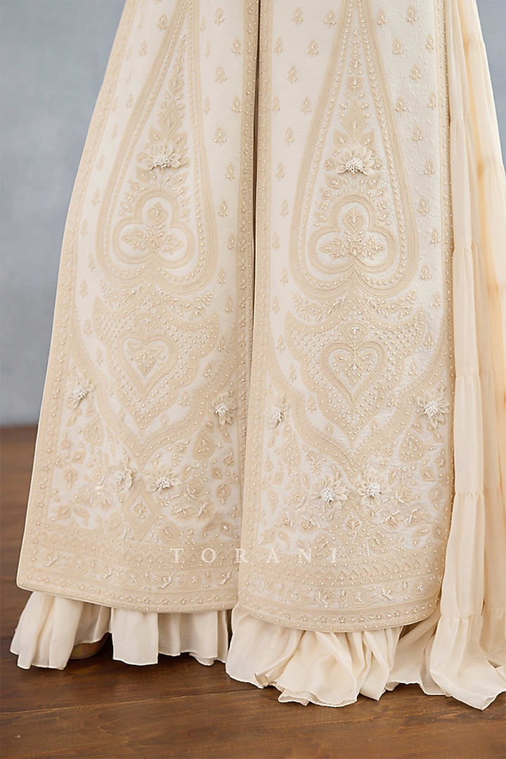 Ivory Muslin Silk Embroidered Jacket Party Wear Dress by Torani at Pernia's Pop Up Shop