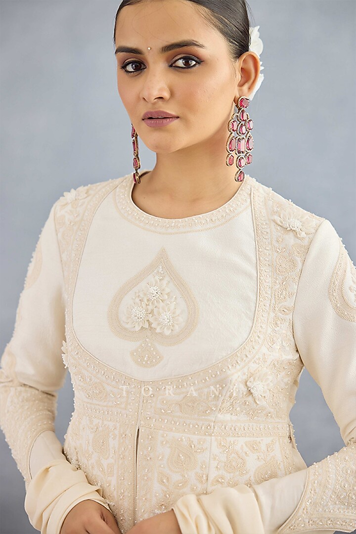 Ivory Muslin Silk Embroidered Jacket Party Wear Dress by Torani at Pernia's Pop Up Shop