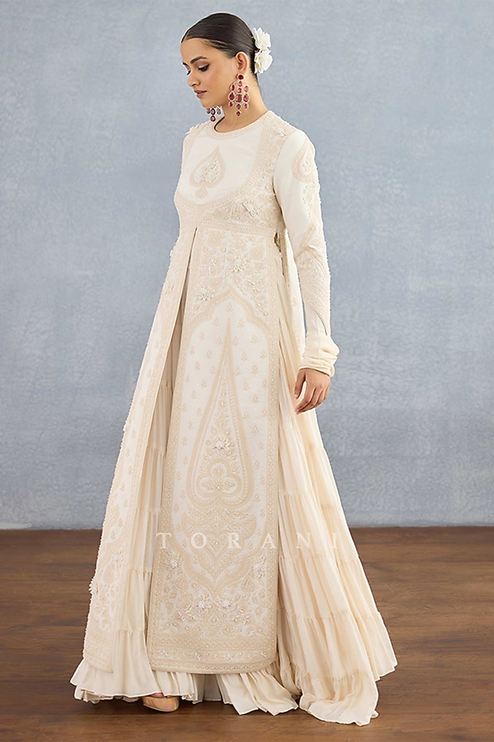 Ivory Muslin Silk Embroidered Jacket Party Wear Dress by Torani at Pernia's Pop Up Shop