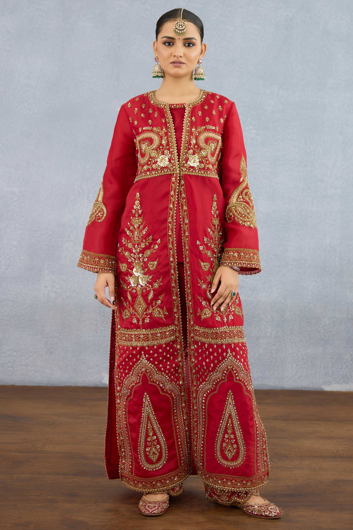 Red Jeni Silk Embroidered Jacket Set by Torani at Pernia's Pop Up Shop