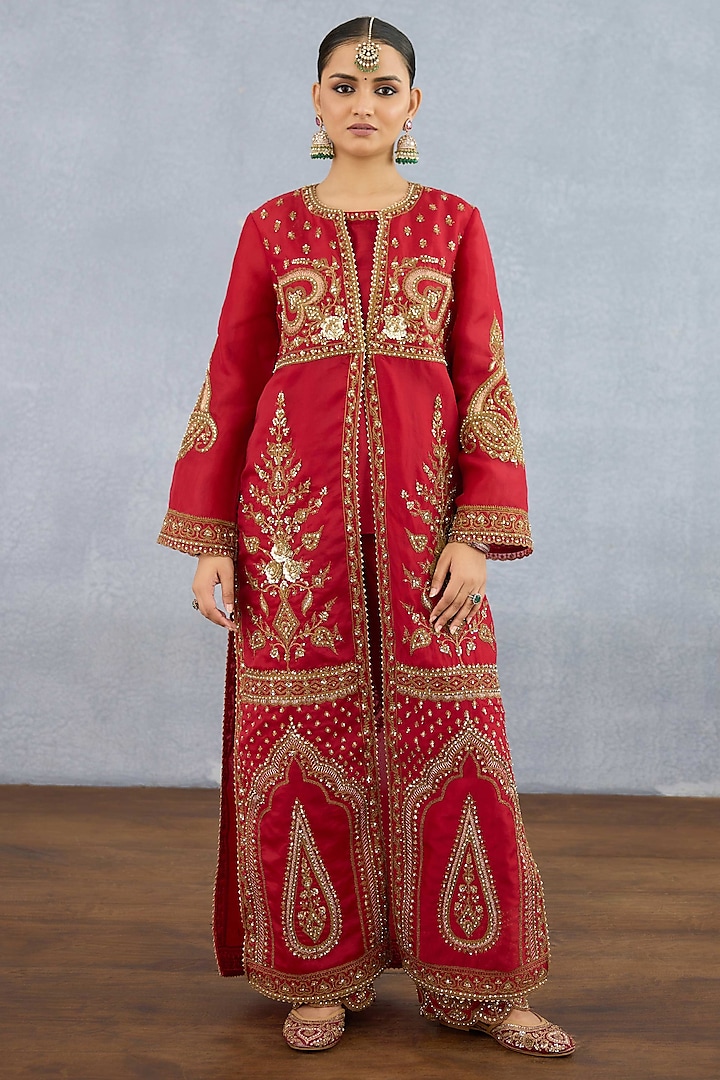 Red Jeni Silk Embroidered Jacket Set by Torani at Pernia's Pop Up Shop