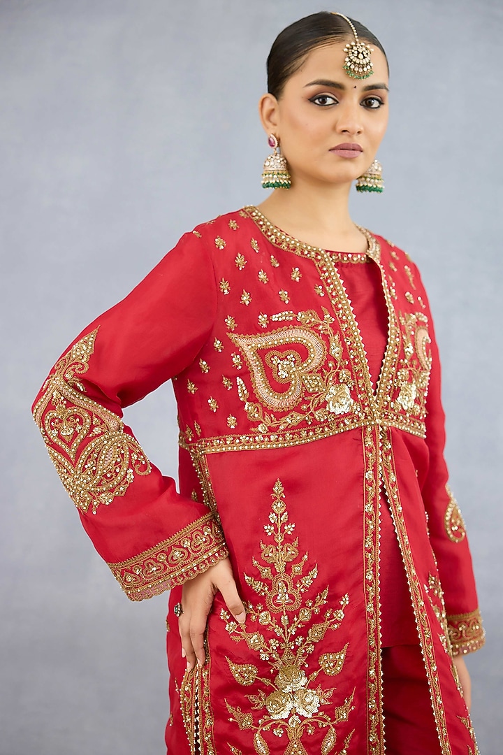 Red Jeni Silk Embroidered Jacket Set by Torani at Pernia's Pop Up Shop