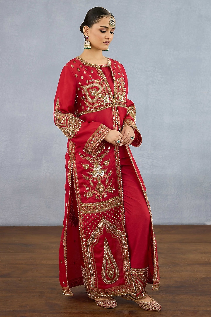 Red Jeni Silk Embroidered Jacket Set by Torani at Pernia's Pop Up Shop