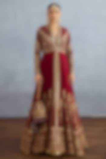 Red Muslin Silk Embroidered Jacket Party Wear Dress by Torani at Pernia's Pop Up Shop