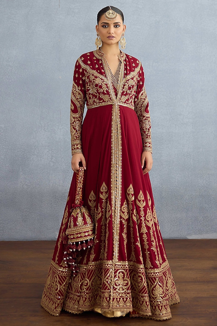Red Muslin Silk Embroidered Jacket Party Wear Dress by Torani at Pernia's Pop Up Shop