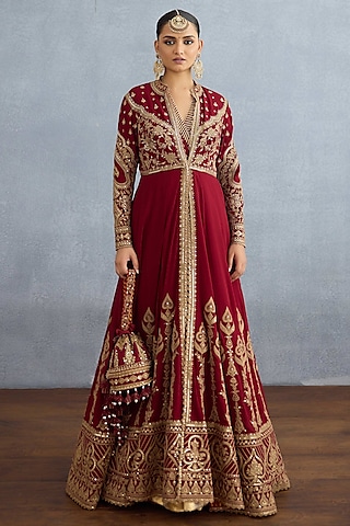 Red Muslin Silk Embroidered Jacket Dress by Torani