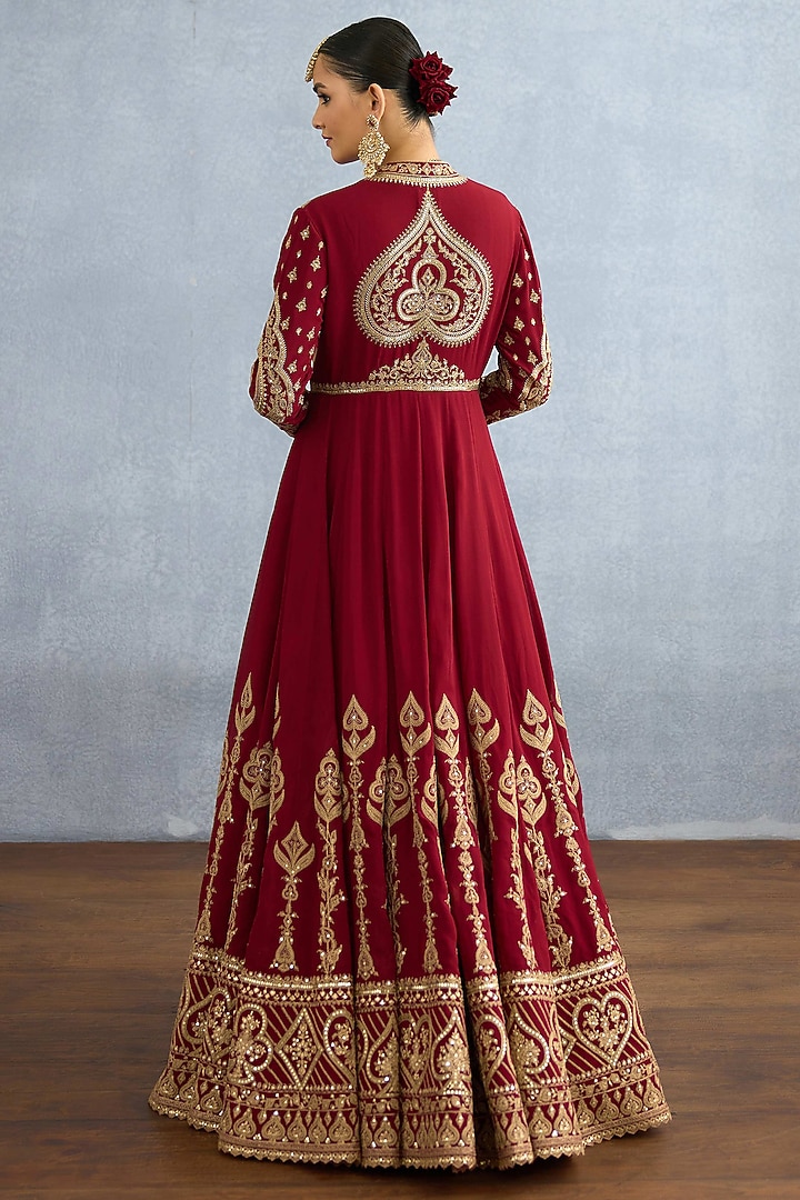 Red Muslin Silk Embroidered Jacket Party Wear Dress by Torani at Pernia's Pop Up Shop