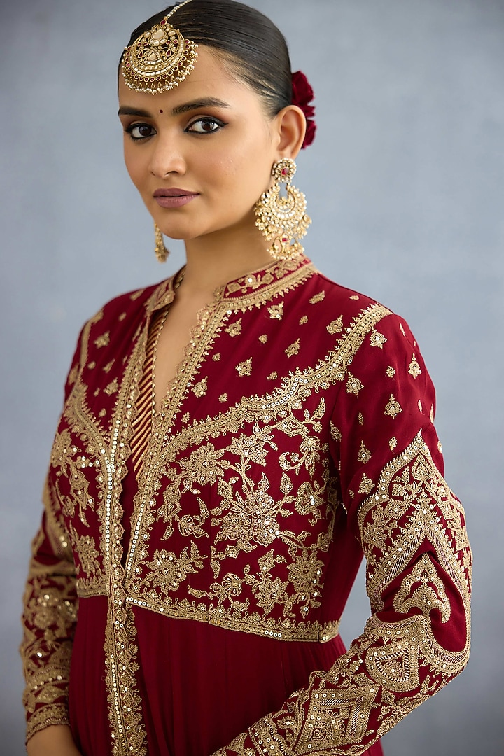 Red Muslin Silk Embroidered Jacket Party Wear Dress by Torani at Pernia's Pop Up Shop