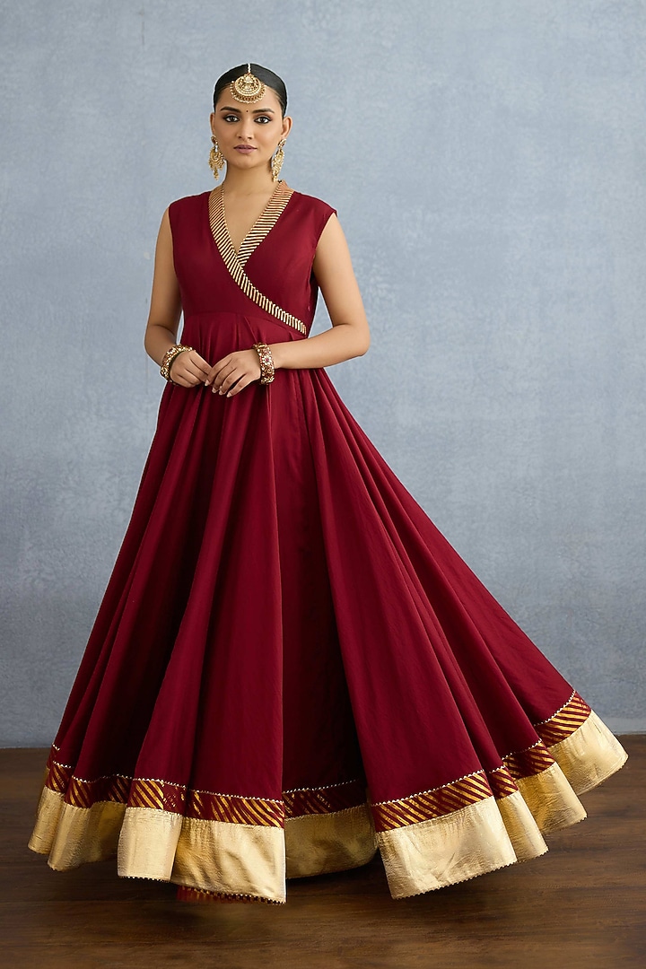 Red Muslin Silk Embroidered Jacket Party Wear Dress by Torani at Pernia's Pop Up Shop