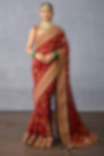 Red Jeni Silk & Organza Embroidered Reception Saree by Torani at Pernia's Pop Up Shop