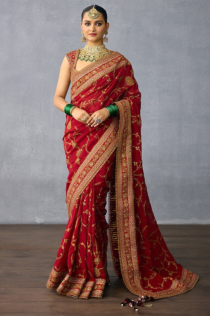 Red Jeni Silk & Organza Embroidered Reception Saree by Torani at Pernia's Pop Up Shop