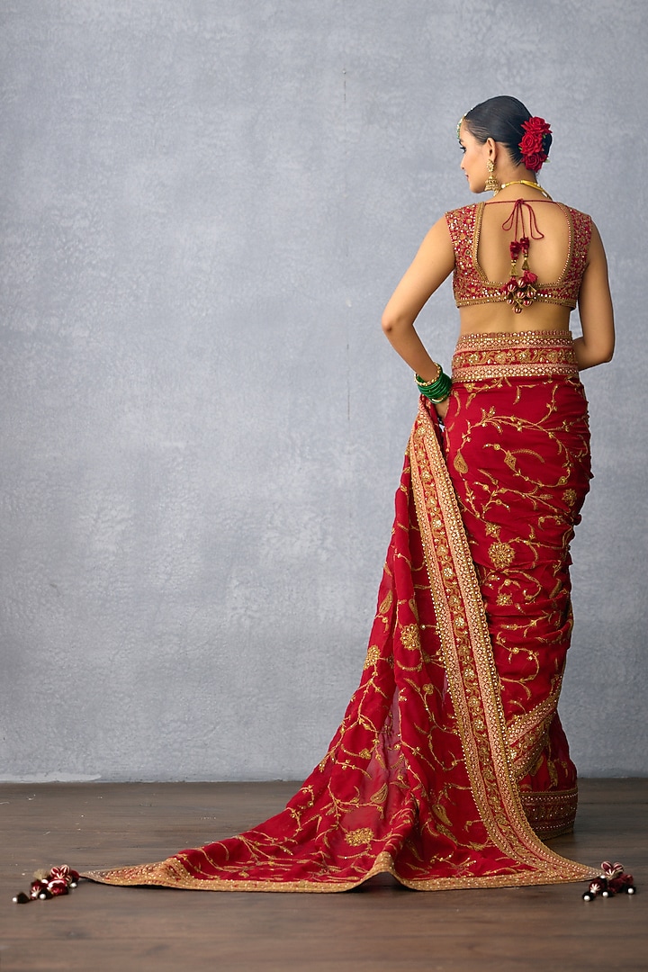 Red Jeni Silk & Organza Embroidered Reception Saree by Torani at Pernia's Pop Up Shop