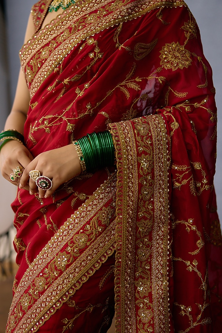 Red Jeni Silk & Organza Embroidered Reception Saree by Torani at Pernia's Pop Up Shop