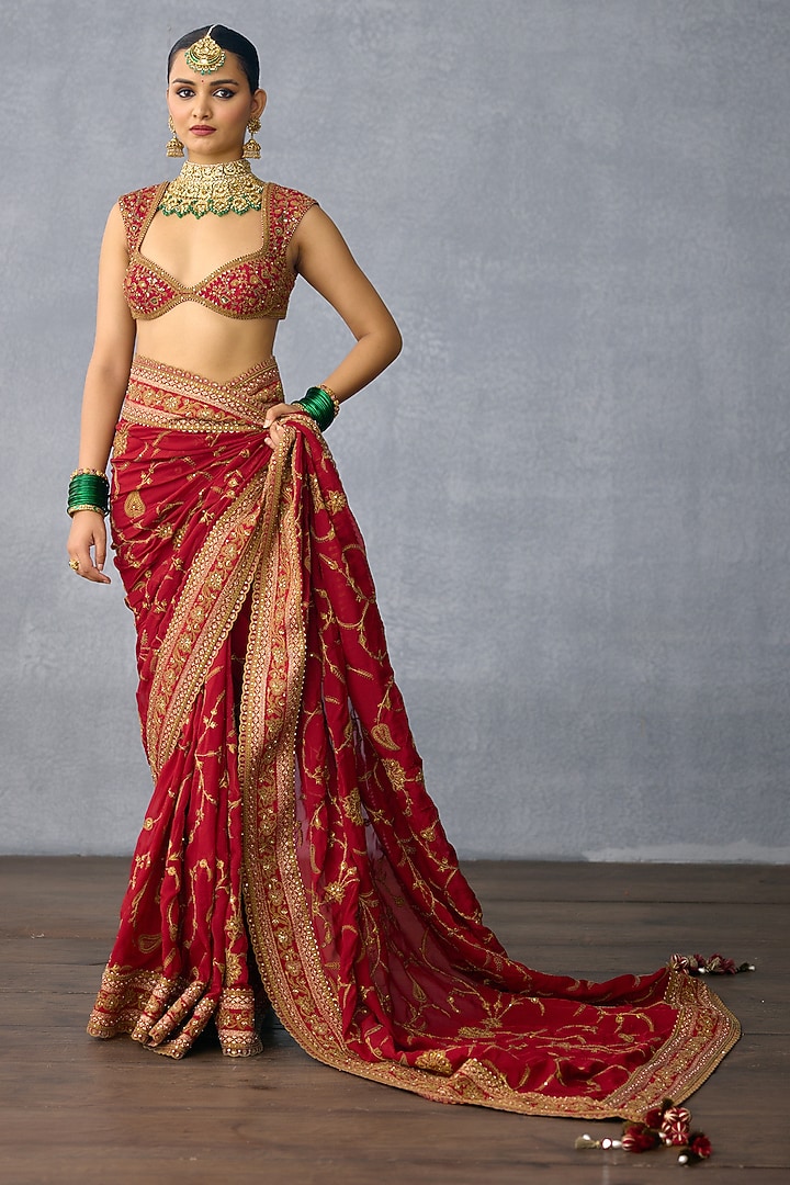 Red Jeni Silk & Organza Embroidered Reception Saree by Torani at Pernia's Pop Up Shop
