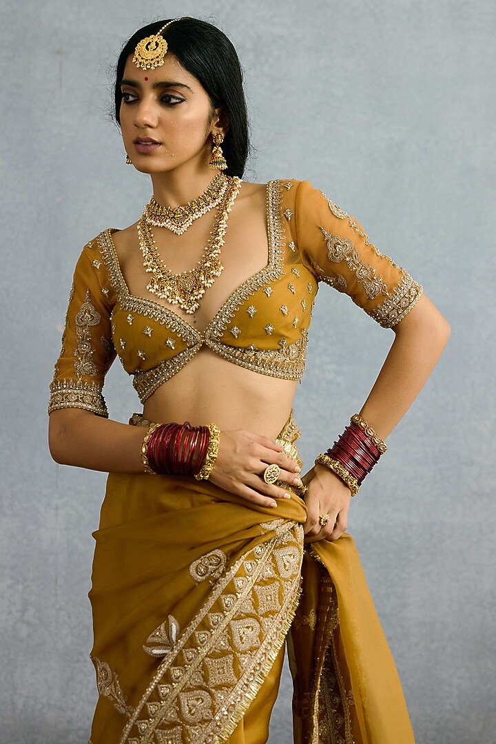 Ochre Butterfly Net & Organza Embroidered Reception Saree by Torani at Pernia's Pop Up Shop