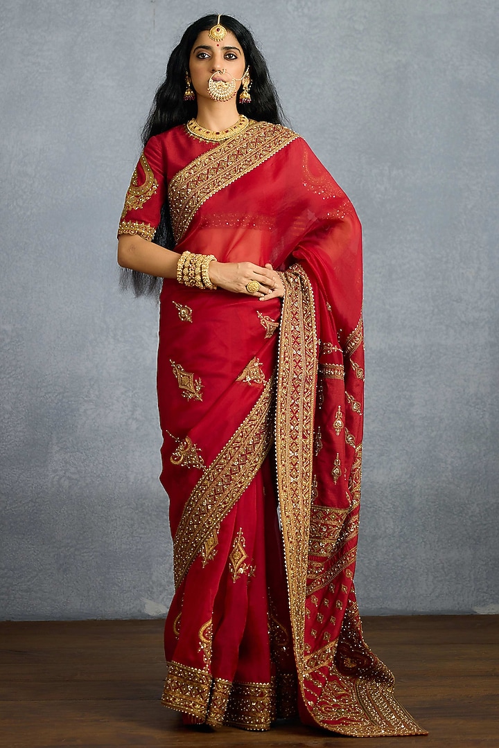 Red Jeni Silk & Organza Embroidered Reception Saree by Torani at Pernia's Pop Up Shop