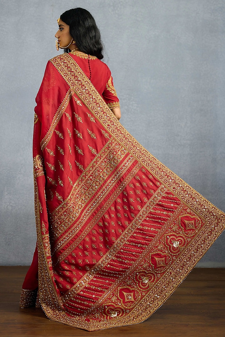 Red Jeni Silk & Organza Embroidered Reception Saree by Torani at Pernia's Pop Up Shop