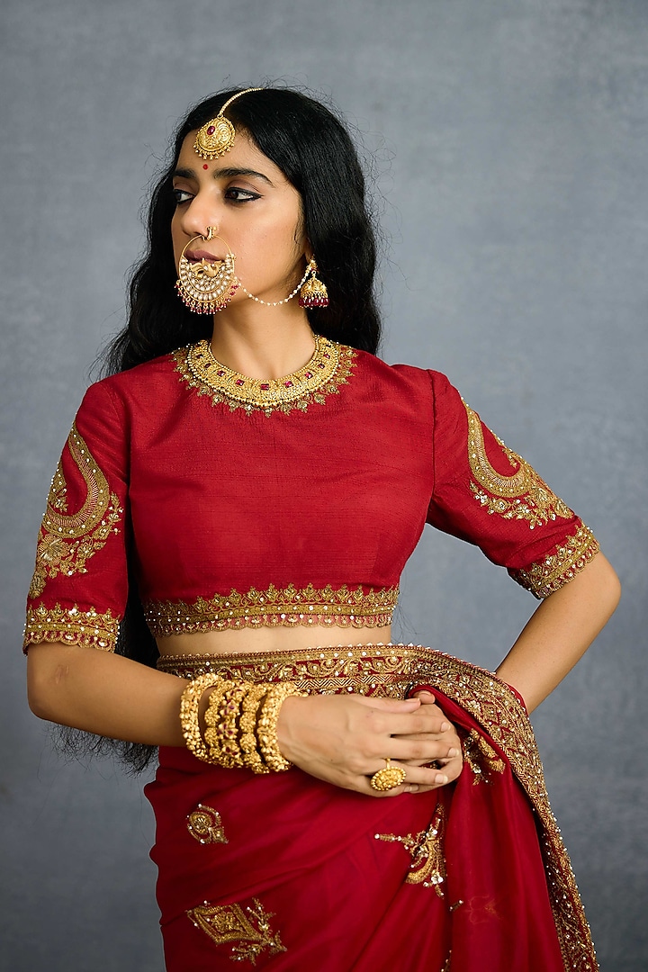 Red Jeni Silk & Organza Embroidered Reception Saree by Torani at Pernia's Pop Up Shop