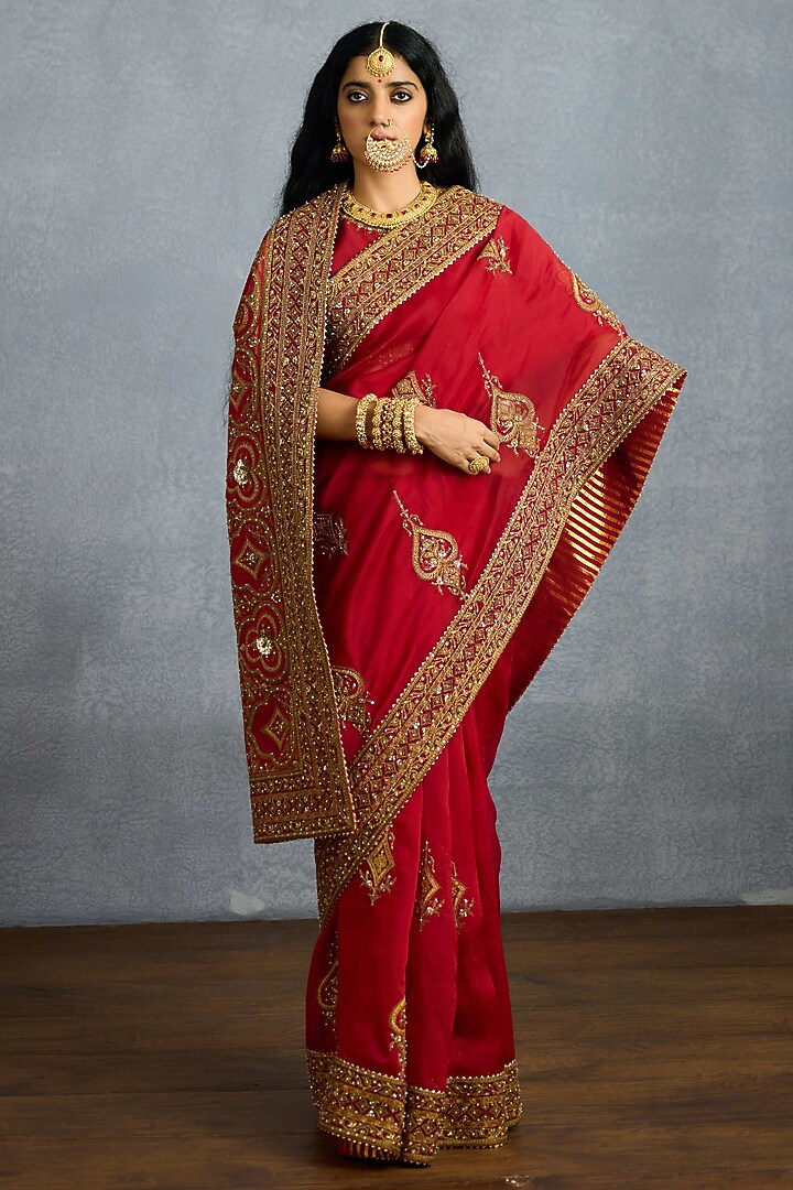 Red Jeni Silk & Organza Embroidered Reception Saree by Torani at Pernia's Pop Up Shop