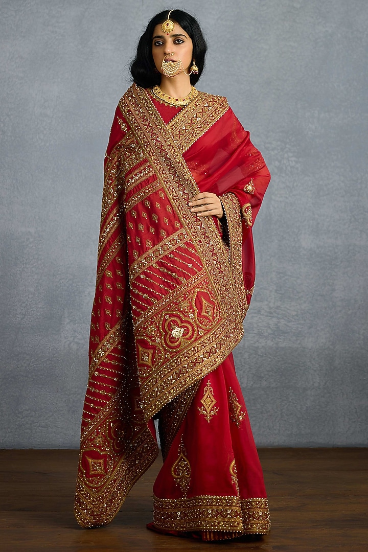 Red Jeni Silk & Organza Embroidered Reception Saree by Torani at Pernia's Pop Up Shop
