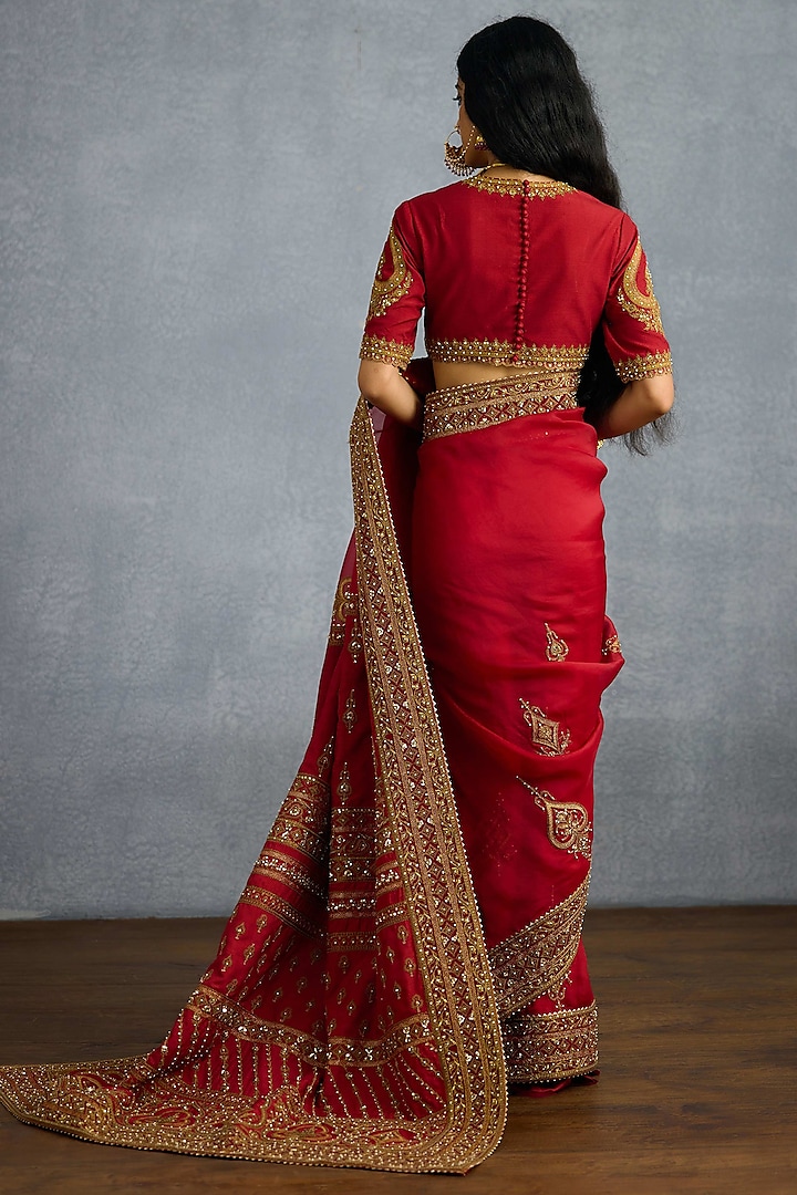 Red Jeni Silk & Organza Embroidered Reception Saree by Torani at Pernia's Pop Up Shop