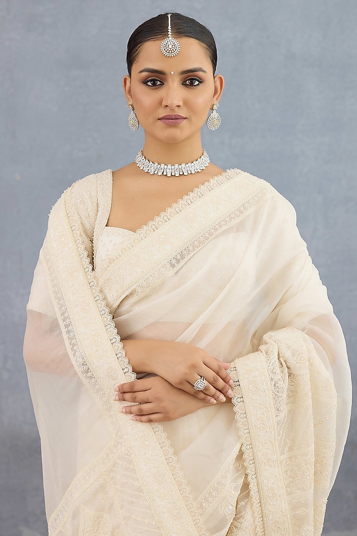 Ivory Jeni Silk & Organza Embroidered Reception Saree by Torani at Pernia's Pop Up Shop