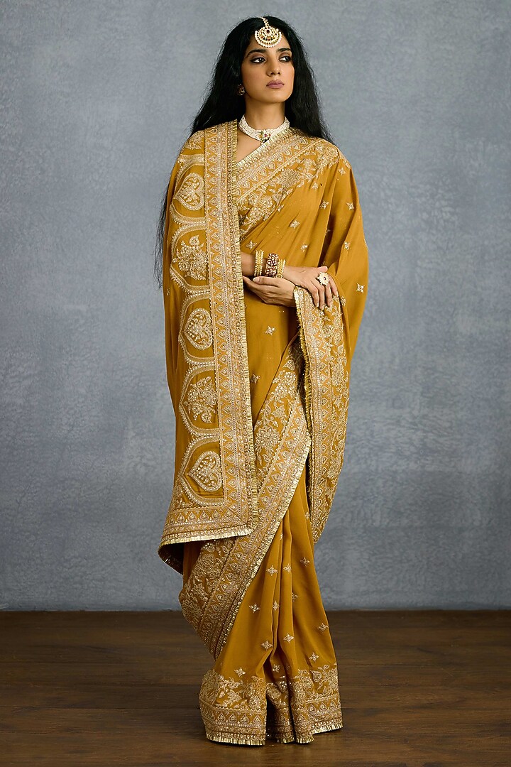 Ochre Jeni Silk & Georgette Embroidered Reception Saree by Torani at Pernia's Pop Up Shop