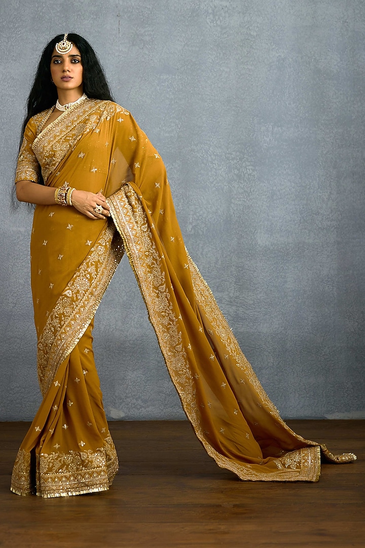 Ochre Jeni Silk & Georgette Embroidered Reception Saree by Torani at Pernia's Pop Up Shop