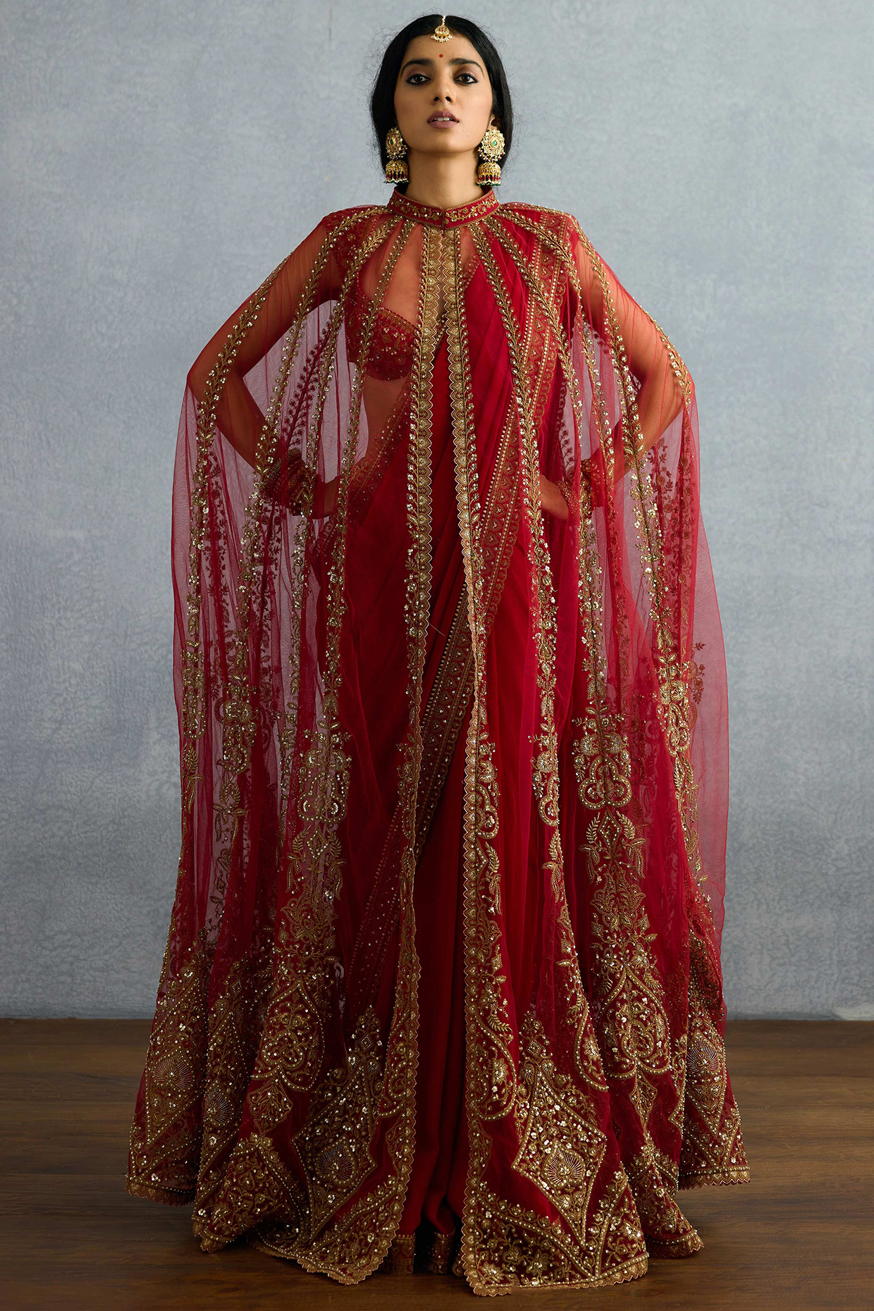 Red Georgette & Butterfly Net Embroidered Jacket Bridal Saree Set by TORANI at Pernia's Pop Up Shop