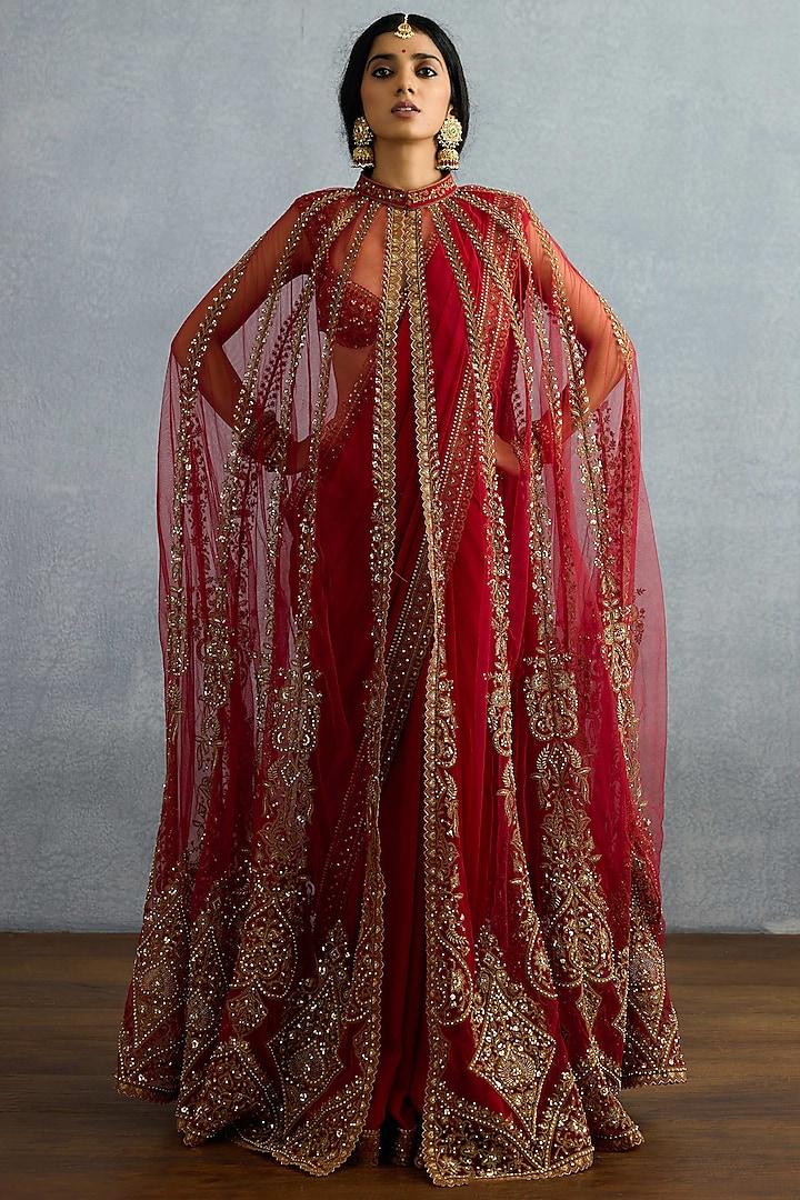 Red Georgette & Butterfly Net Embroidered Jacket Bridal Saree Set by TORANI at Pernia's Pop Up Shop