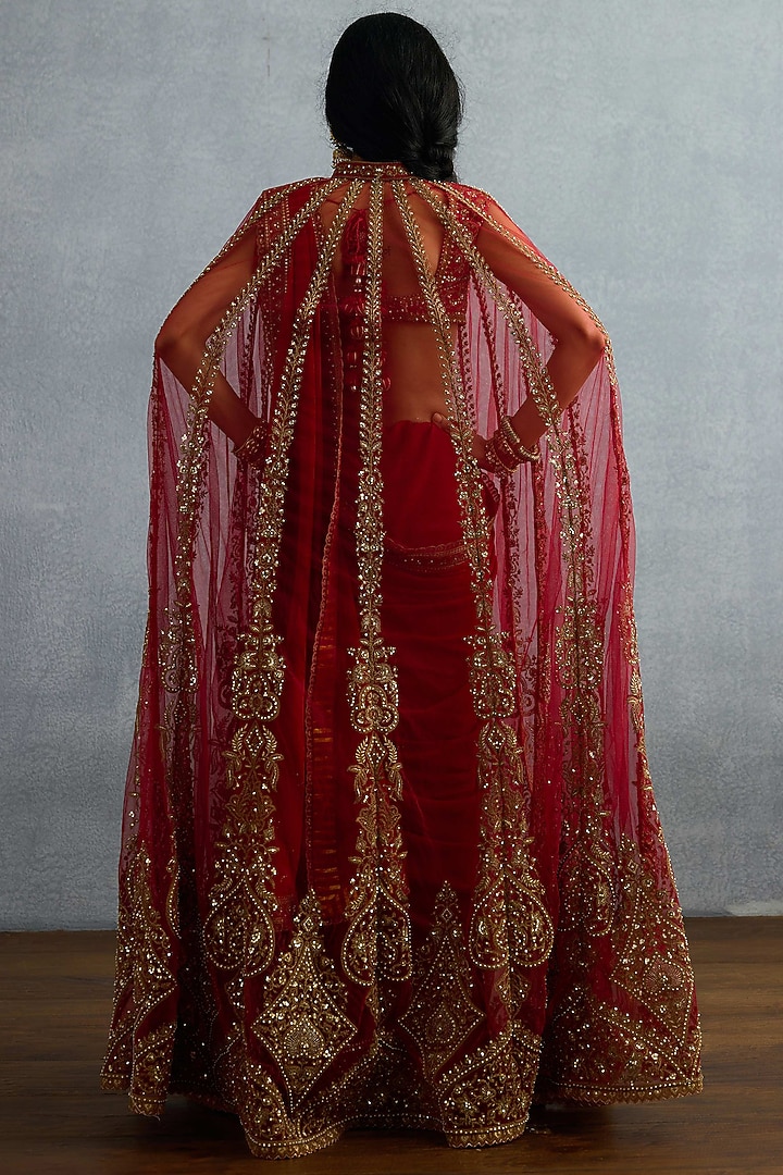 Red Georgette & Butterfly Net Embroidered Jacket Bridal Saree Set by TORANI at Pernia's Pop Up Shop