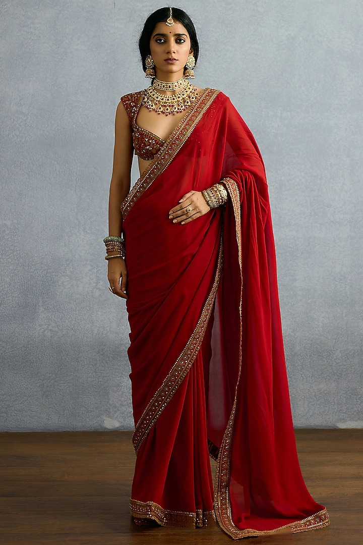 Red Georgette & Butterfly Net Embroidered Jacket Bridal Saree Set by TORANI at Pernia's Pop Up Shop