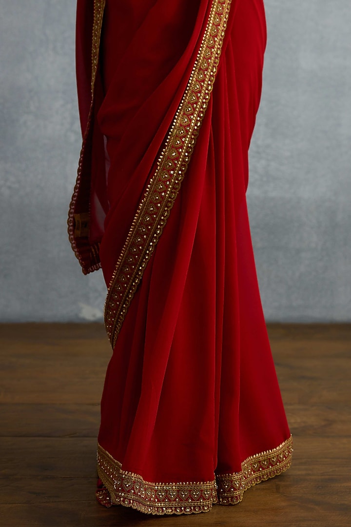 Red Georgette & Butterfly Net Embroidered Jacket Bridal Saree Set by TORANI at Pernia's Pop Up Shop
