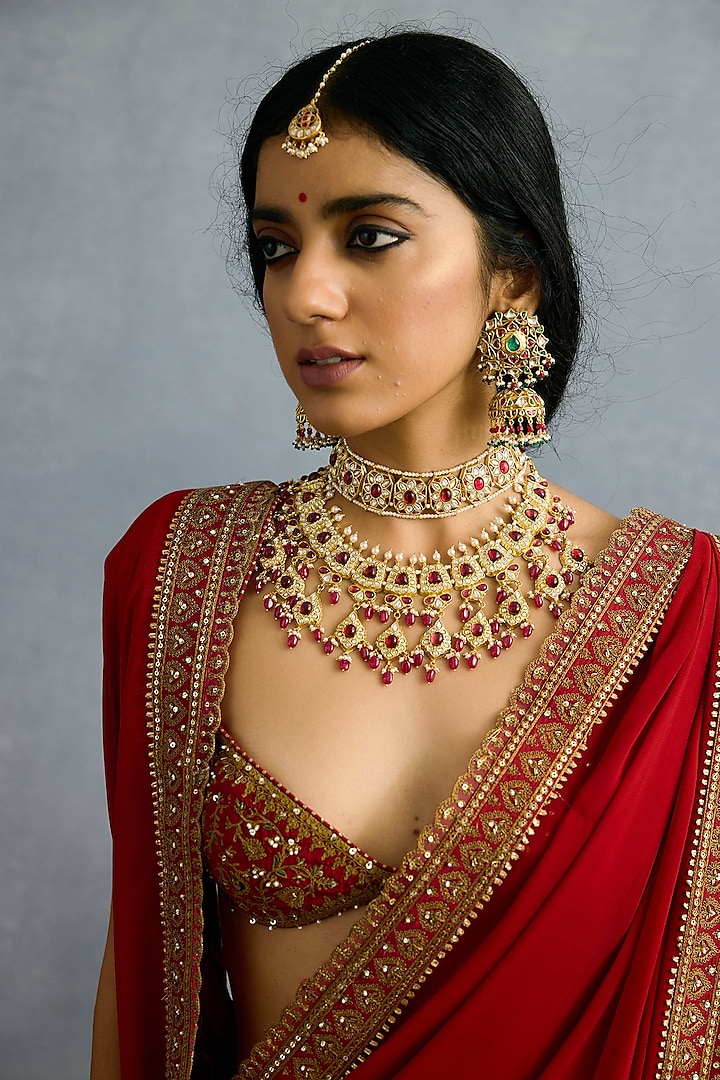 Red Georgette & Butterfly Net Embroidered Jacket Bridal Saree Set by TORANI at Pernia's Pop Up Shop