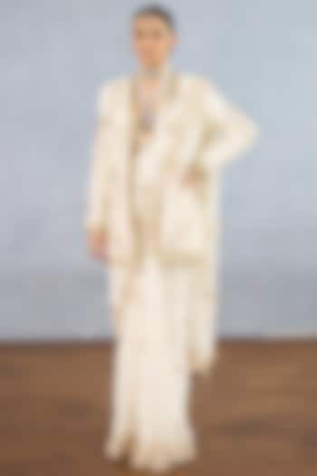 Ivory Georgette & Muslin Silk Embroidered Jacket Reception Saree Set by TORANI at Pernia's Pop Up Shop