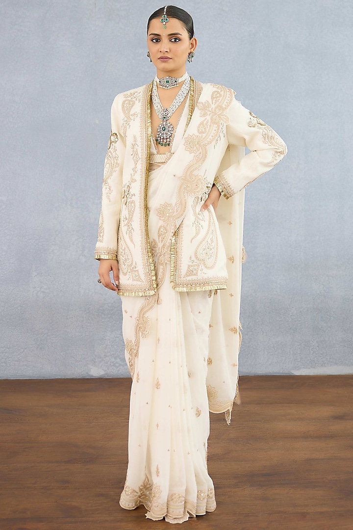 Ivory Georgette & Muslin Silk Embroidered Jacket Reception Saree Set by TORANI at Pernia's Pop Up Shop
