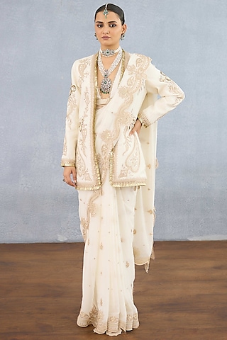 Ivory Georgette & Muslin Silk Embroidered Jacket Saree Set by TORANI
