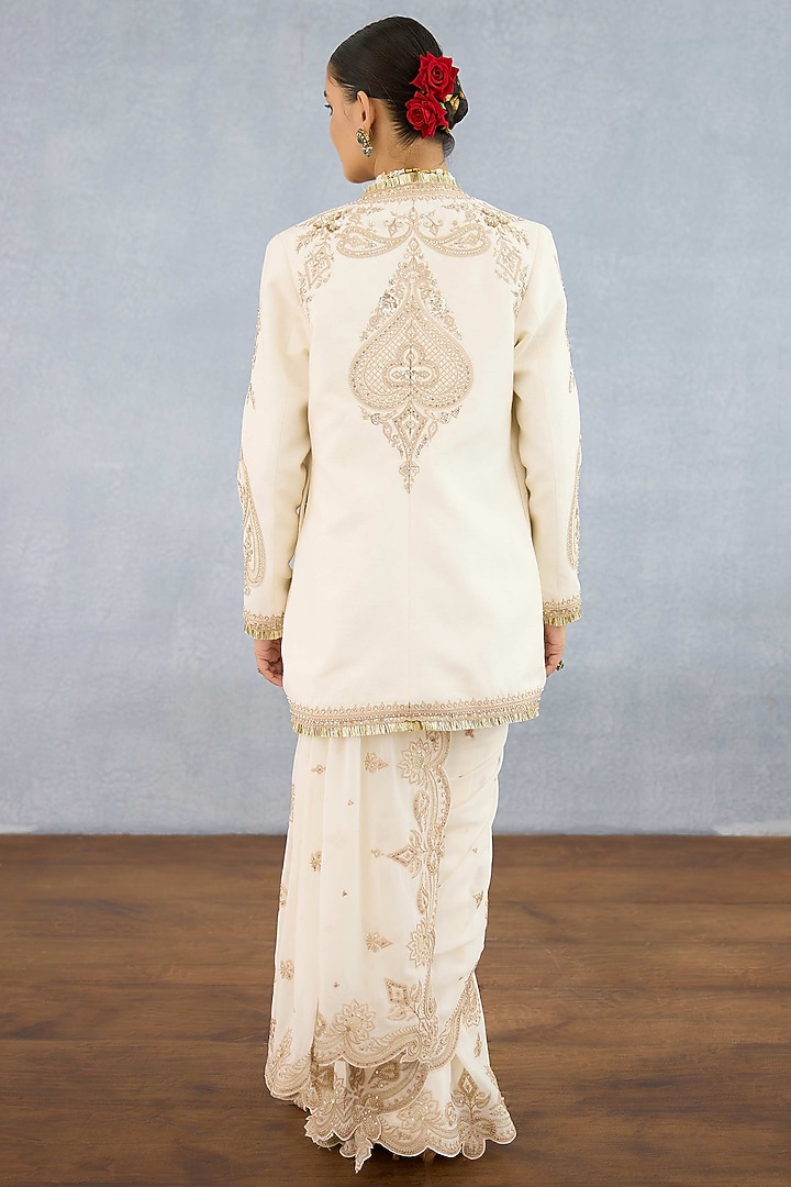 Ivory Georgette & Muslin Silk Embroidered Jacket Reception Saree Set by TORANI at Pernia's Pop Up Shop