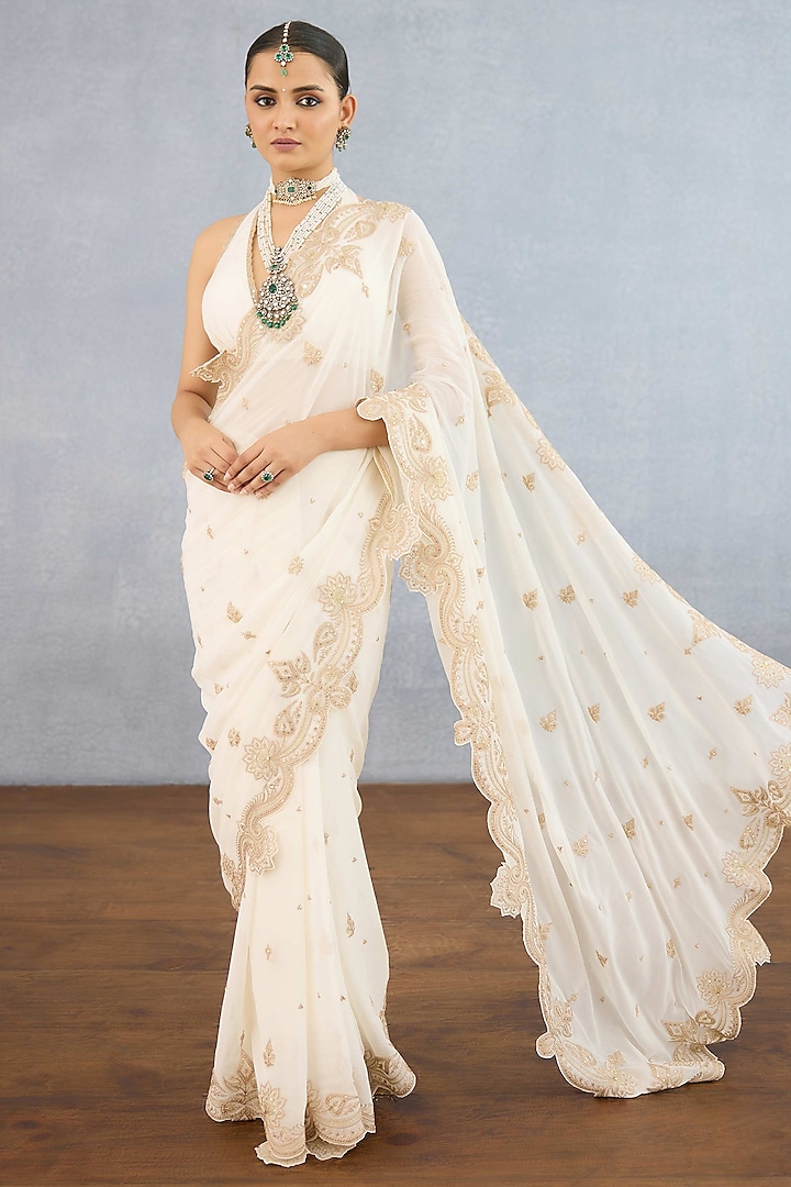 Ivory Georgette & Muslin Silk Embroidered Jacket Reception Saree Set by TORANI at Pernia's Pop Up Shop