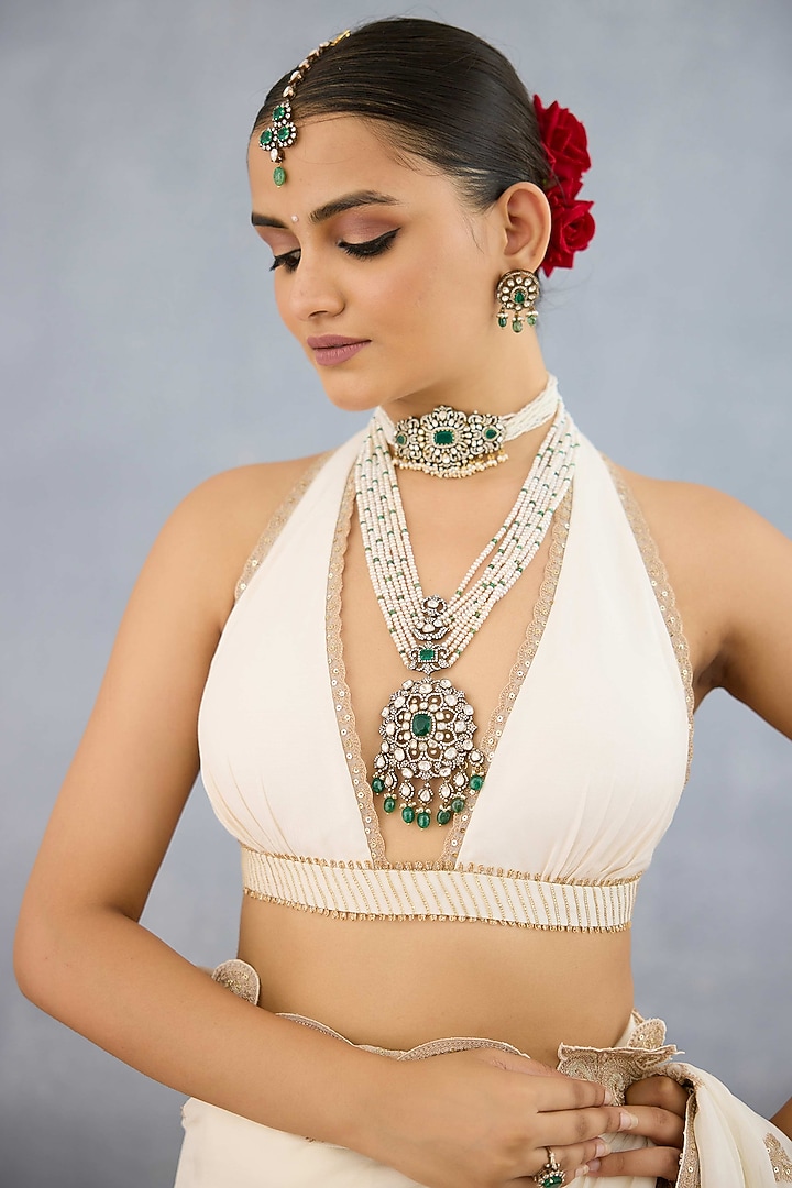 Ivory Georgette & Muslin Silk Embroidered Jacket Reception Saree Set by TORANI at Pernia's Pop Up Shop
