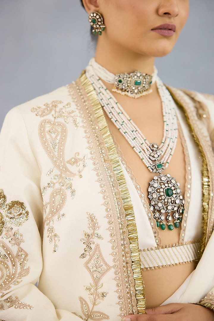 Ivory Georgette & Muslin Silk Embroidered Jacket Reception Saree Set by TORANI at Pernia's Pop Up Shop